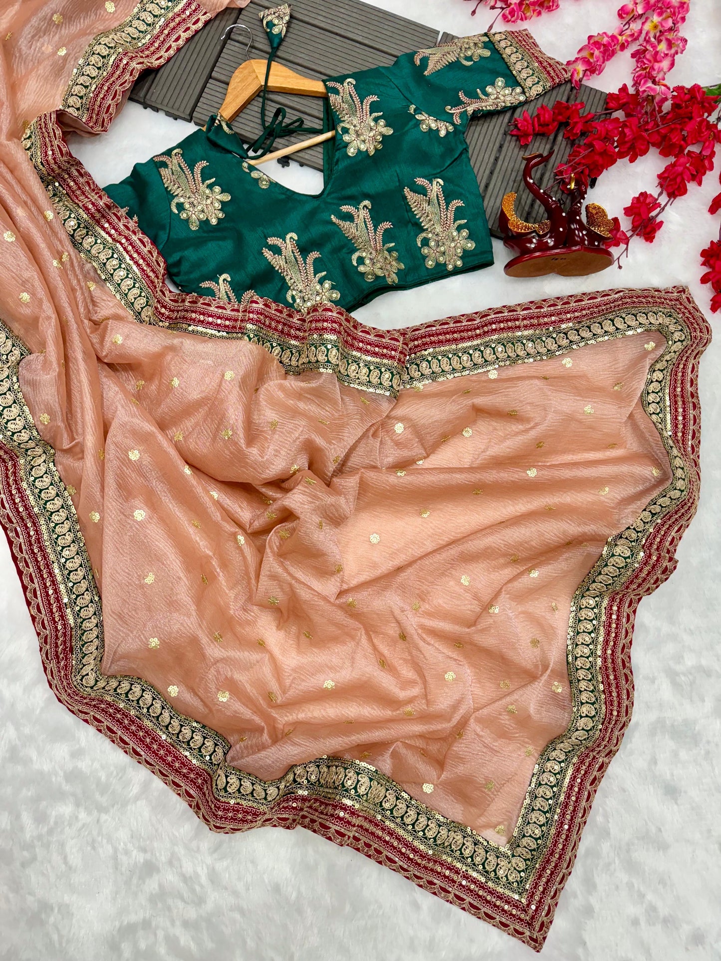 Beautiful Crush Banarasi Saree with Sequins And Cording Embroidery Work