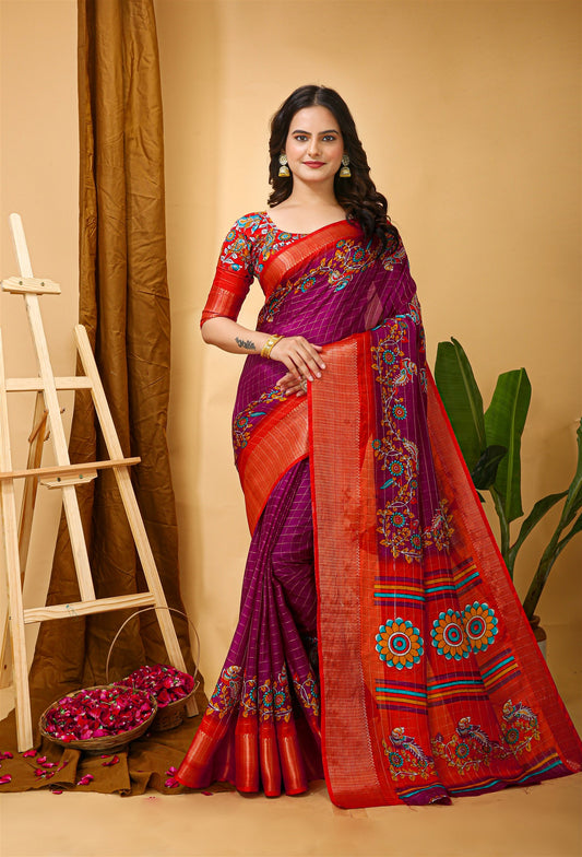 Magenta Color Cotton Silk Fabric Kalamkari print Kanjivaram Saree