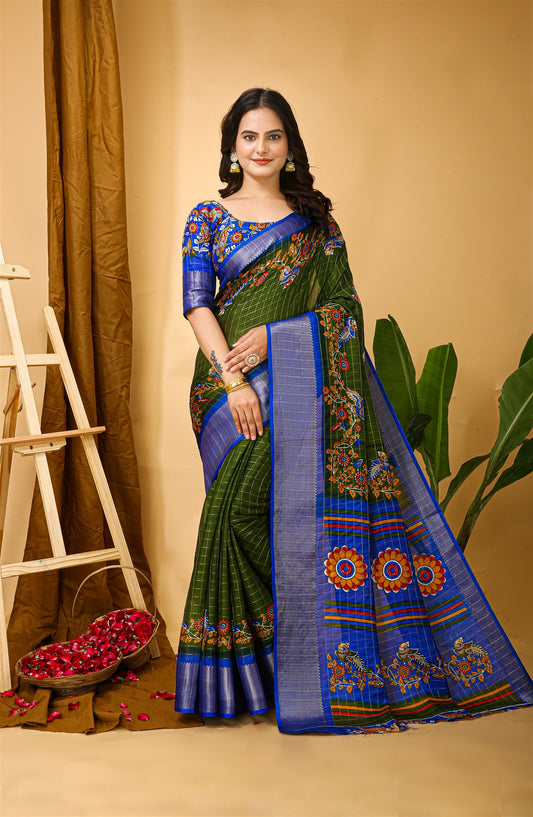 Green Color Cotton Silk Fabric Kalamkari print Kanjivaram Saree