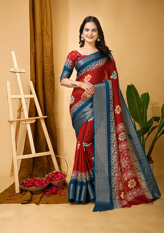 Red Color Soft Blooming Marshmallow Fabric Kalamkari print Kanjivaram Saree