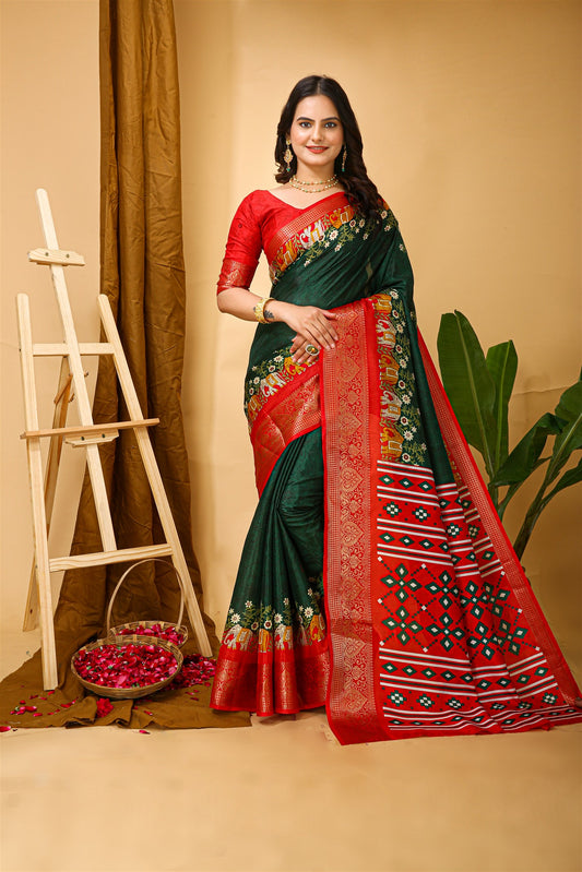 Green Color Cotton Silk Fabric with Kalamkari print with Kanjivaram Saree