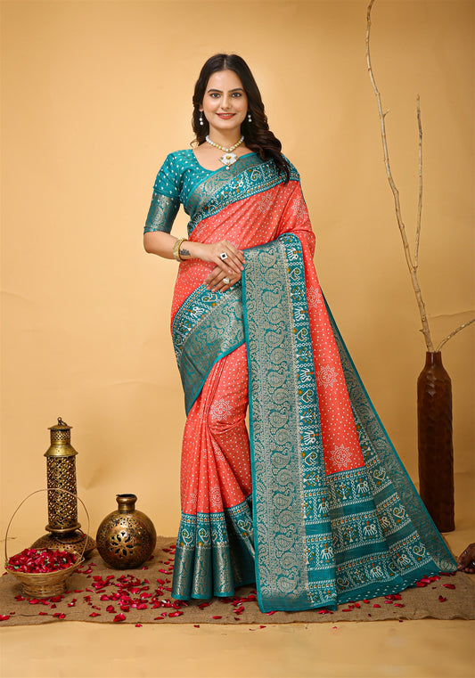 Orange Color Cotton Silk Fabric with Kalamkari print with Kanjivaram Saree