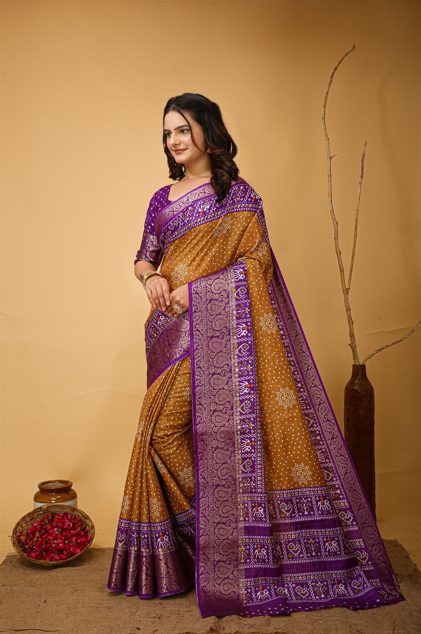 Musturd Yellow Color Cotton Silk Fabric with Kalamkari print with Kanjivaram Saree