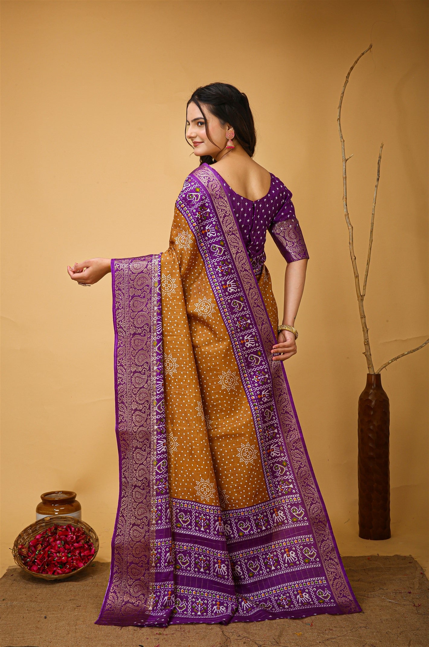 Musturd Yellow Color Cotton Silk Fabric with Kalamkari print with Kanjivaram Saree
