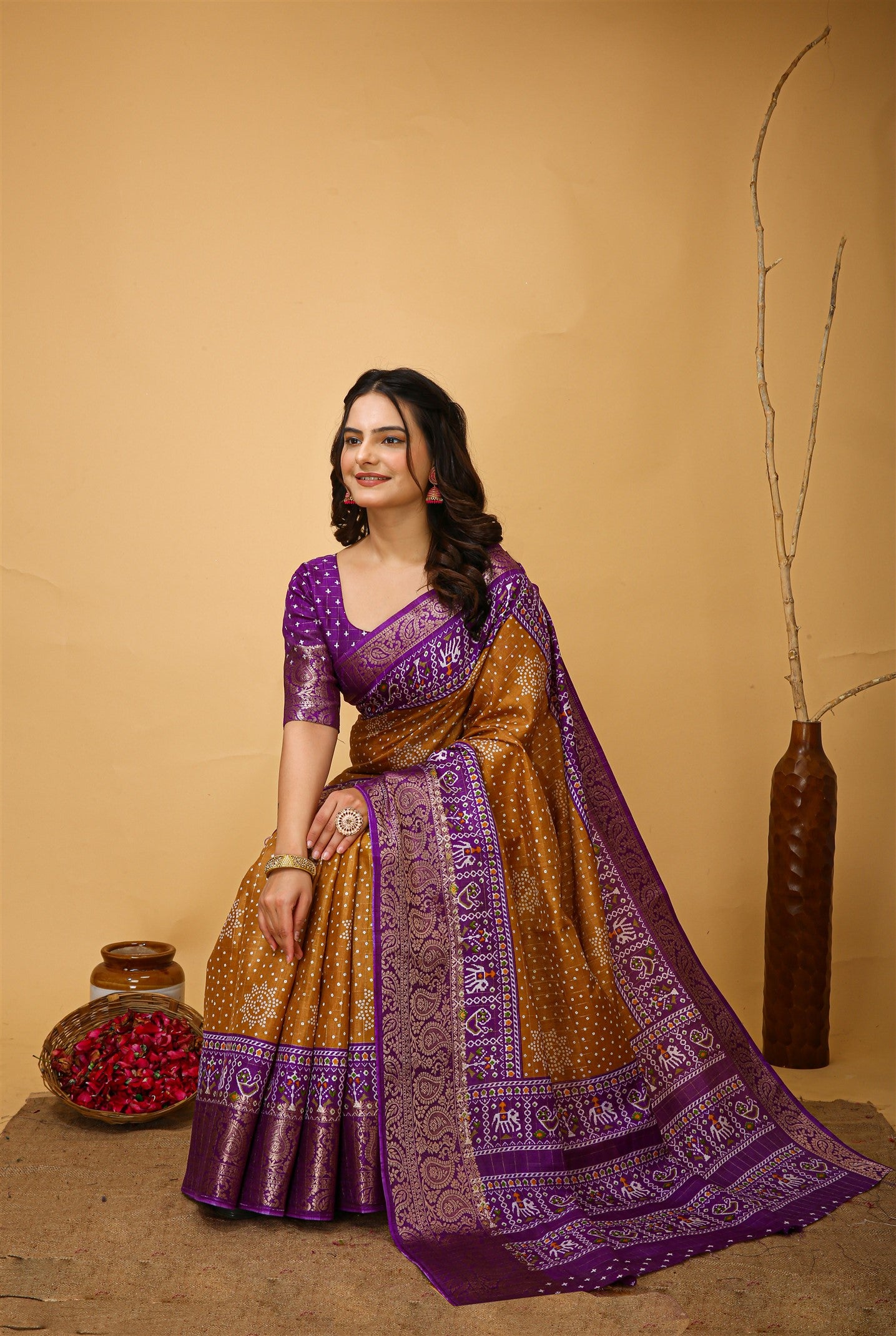 Musturd Yellow Color Cotton Silk Fabric with Kalamkari print with Kanjivaram Saree