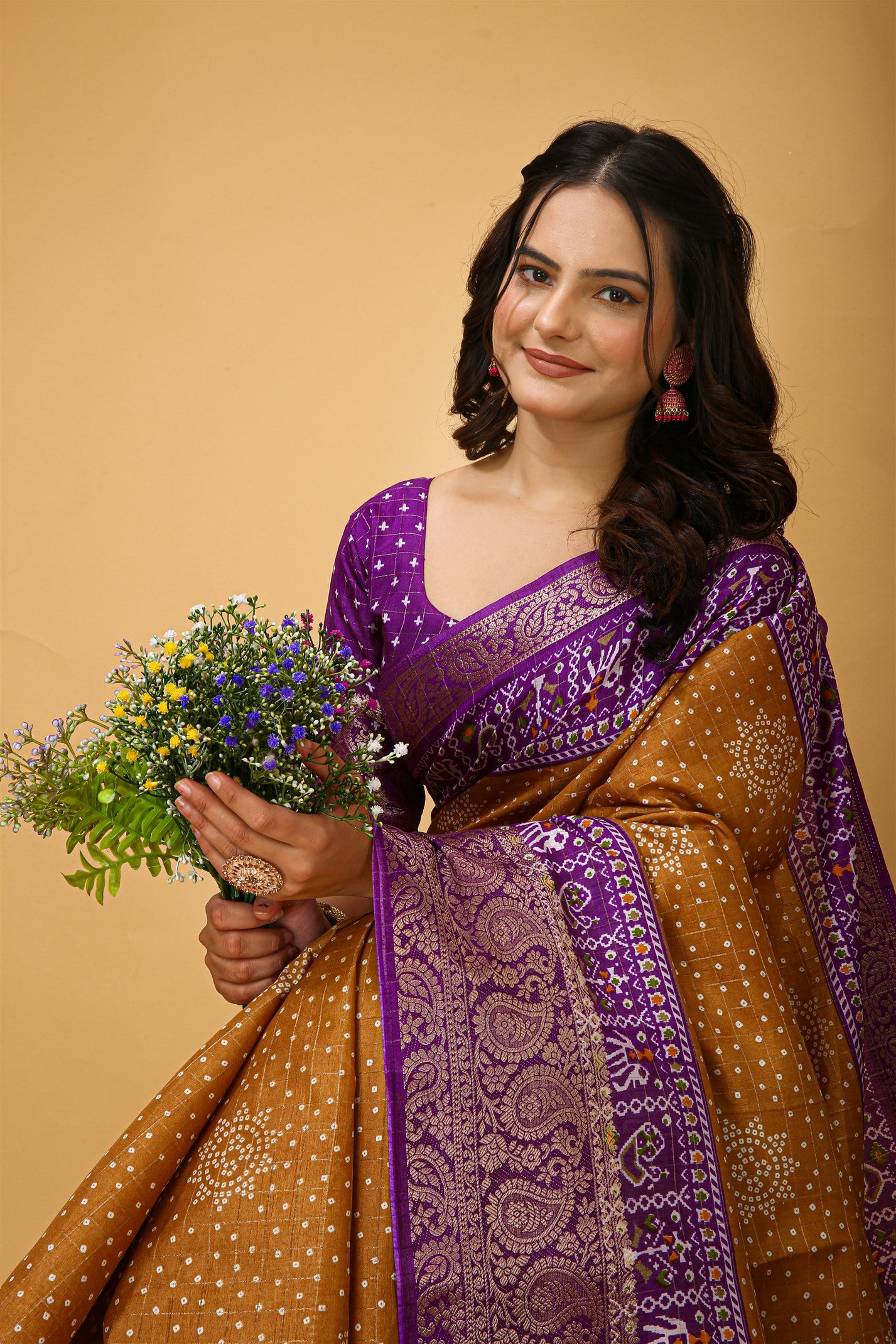 Musturd Yellow Color Cotton Silk Fabric with Kalamkari print with Kanjivaram Saree
