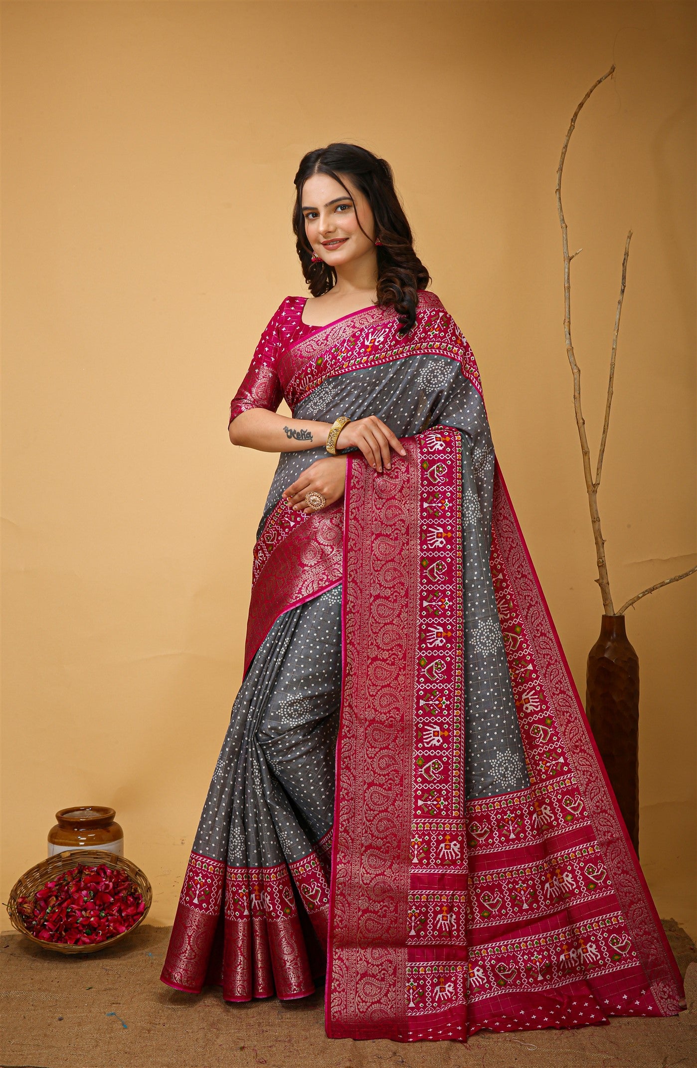 Grey Color Cotton Silk Fabric with Kalamkari print with Kanjivaram Saree