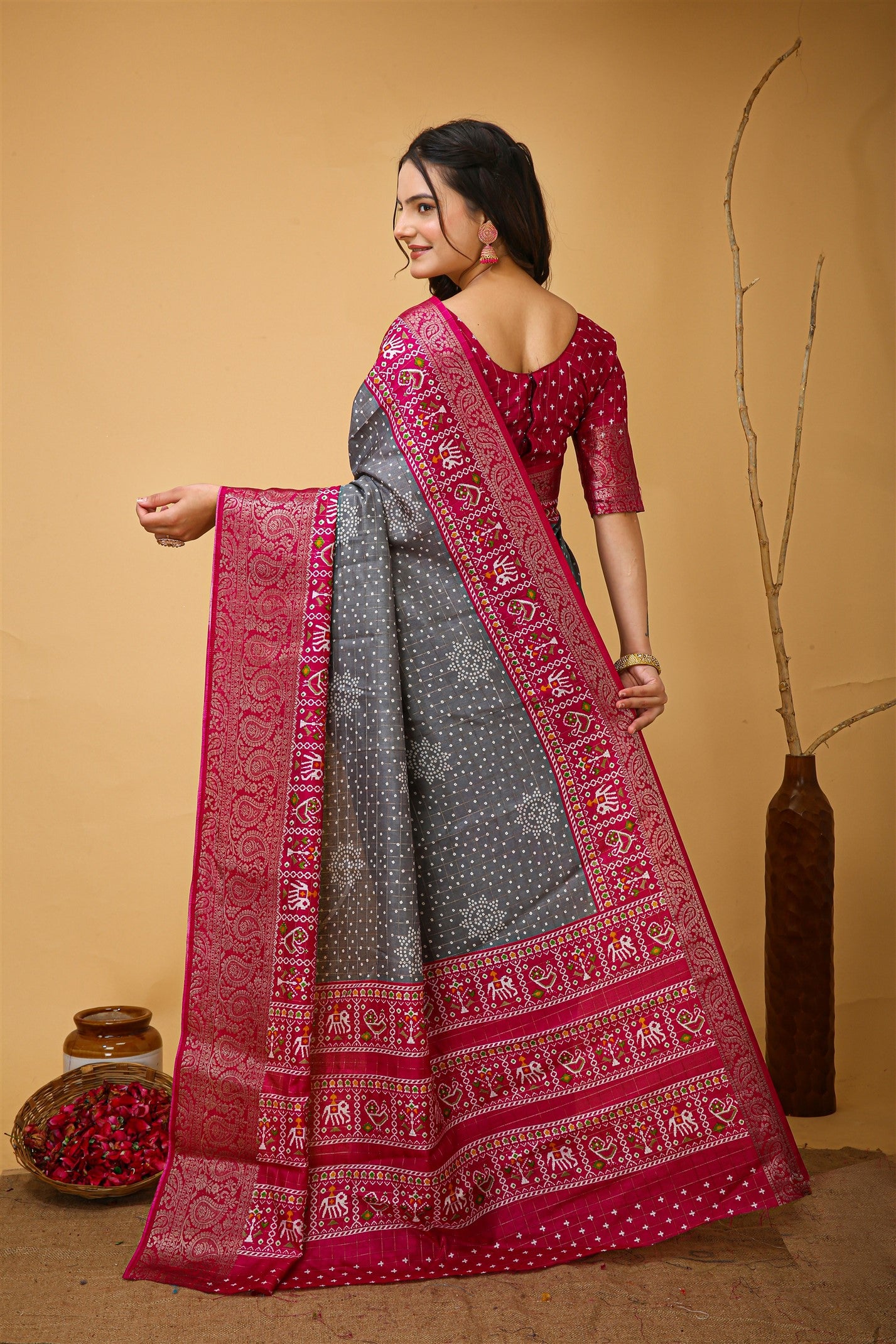 Grey Color Cotton Silk Fabric with Kalamkari print with Kanjivaram Saree