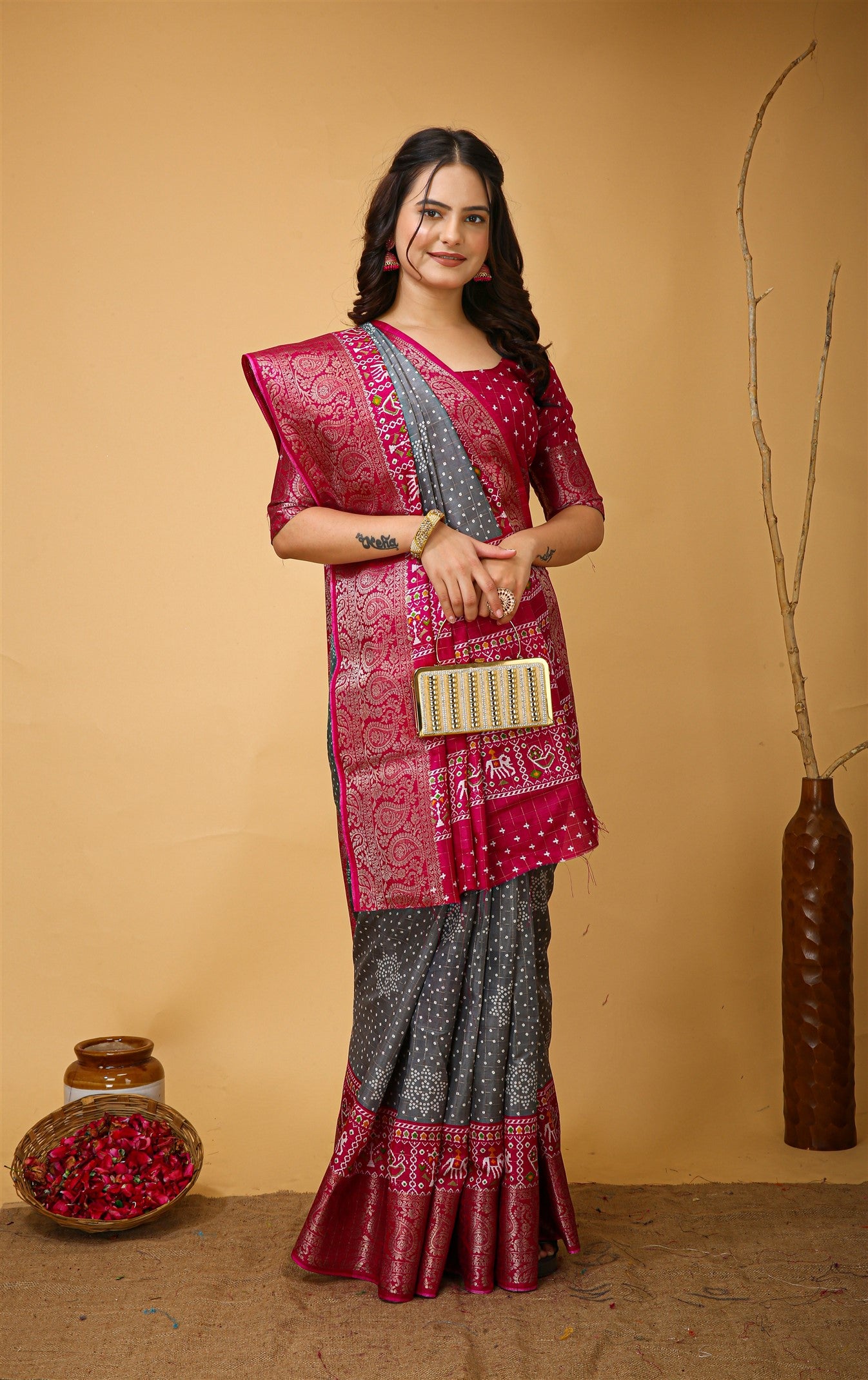 Grey Color Cotton Silk Fabric with Kalamkari print with Kanjivaram Saree