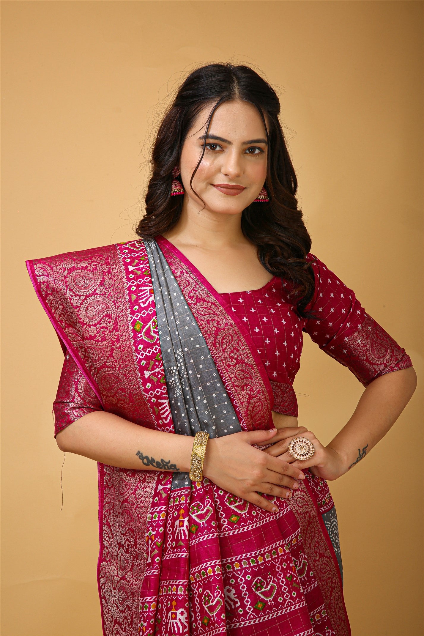 Grey Color Cotton Silk Fabric with Kalamkari print with Kanjivaram Saree