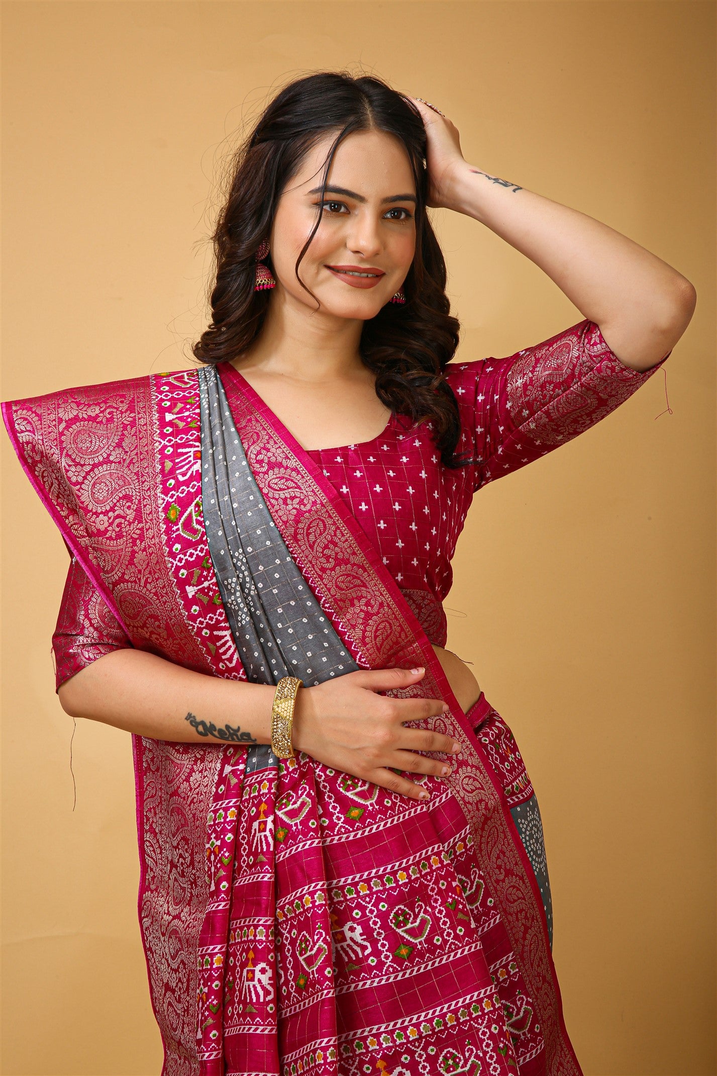 Grey Color Cotton Silk Fabric with Kalamkari print with Kanjivaram Saree