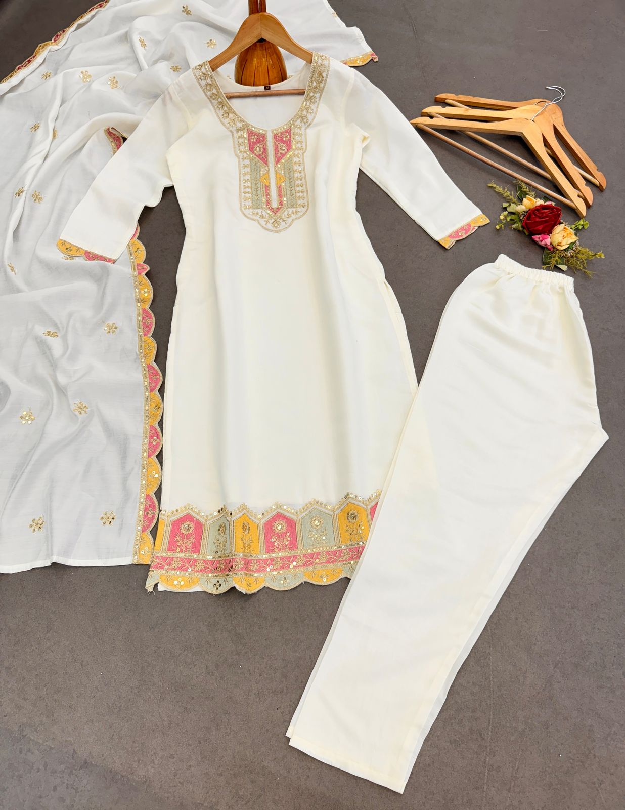 White Cream Color Beautiful Roman Silk Suit