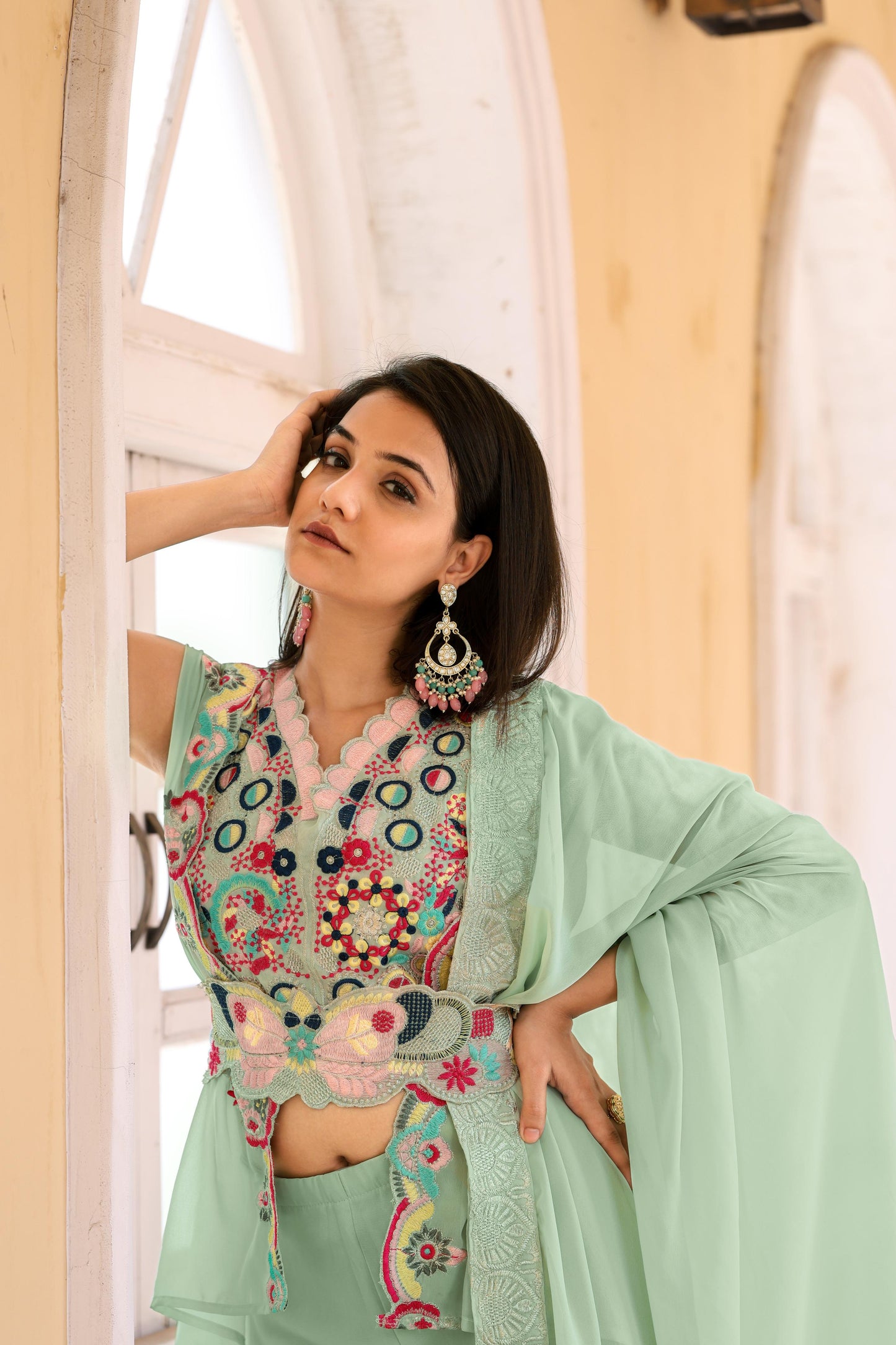 Wedding & Party Wear Look Fancy Four Pices Set With Belt in sky blue