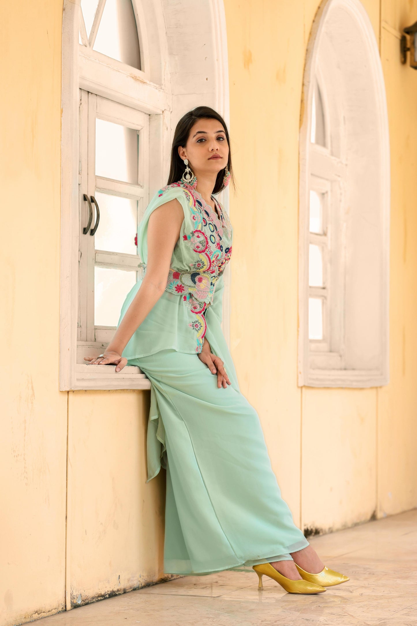 Wedding & Party Wear Look Fancy Four Pices Set With Belt in sky blue