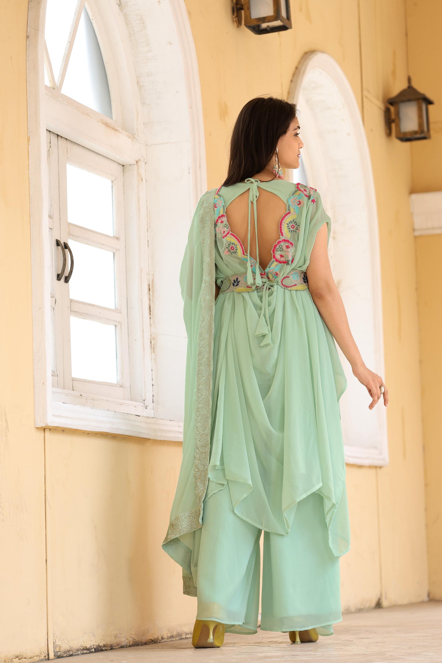 Wedding & Party Wear Look Fancy Four Pices Set With Belt in sky blue
