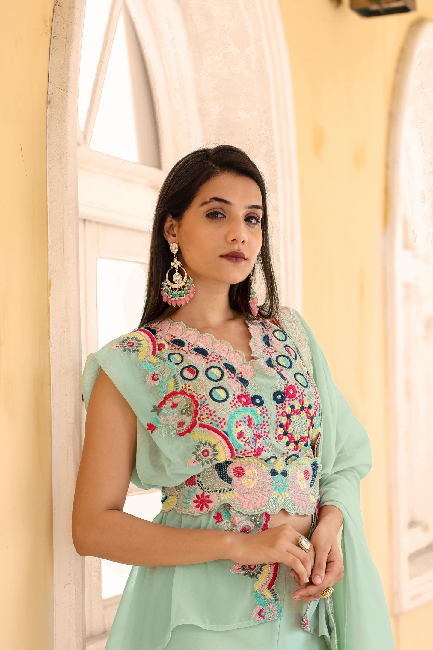 Wedding & Party Wear Look Fancy Four Pices Set With Belt in sky blue