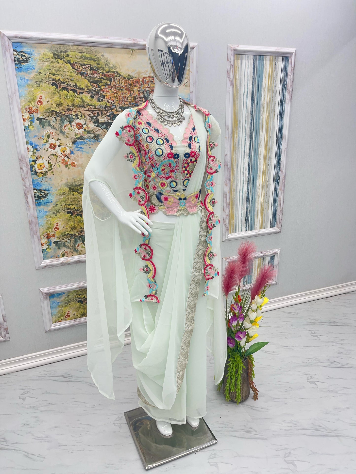 Wedding & Party Wear Look Fancy Four Pices Set With Belt in sky blue