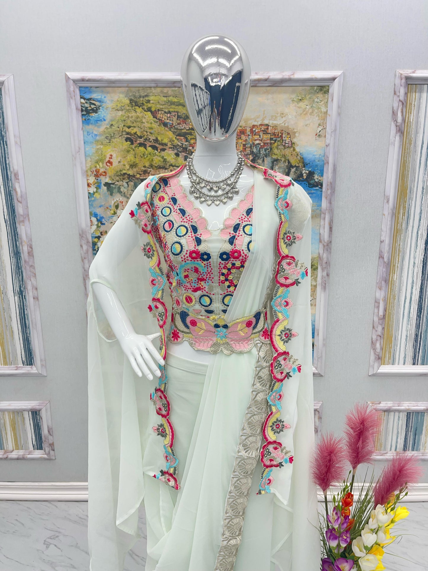 Wedding & Party Wear Look Fancy Four Pices Set With Belt in sky blue