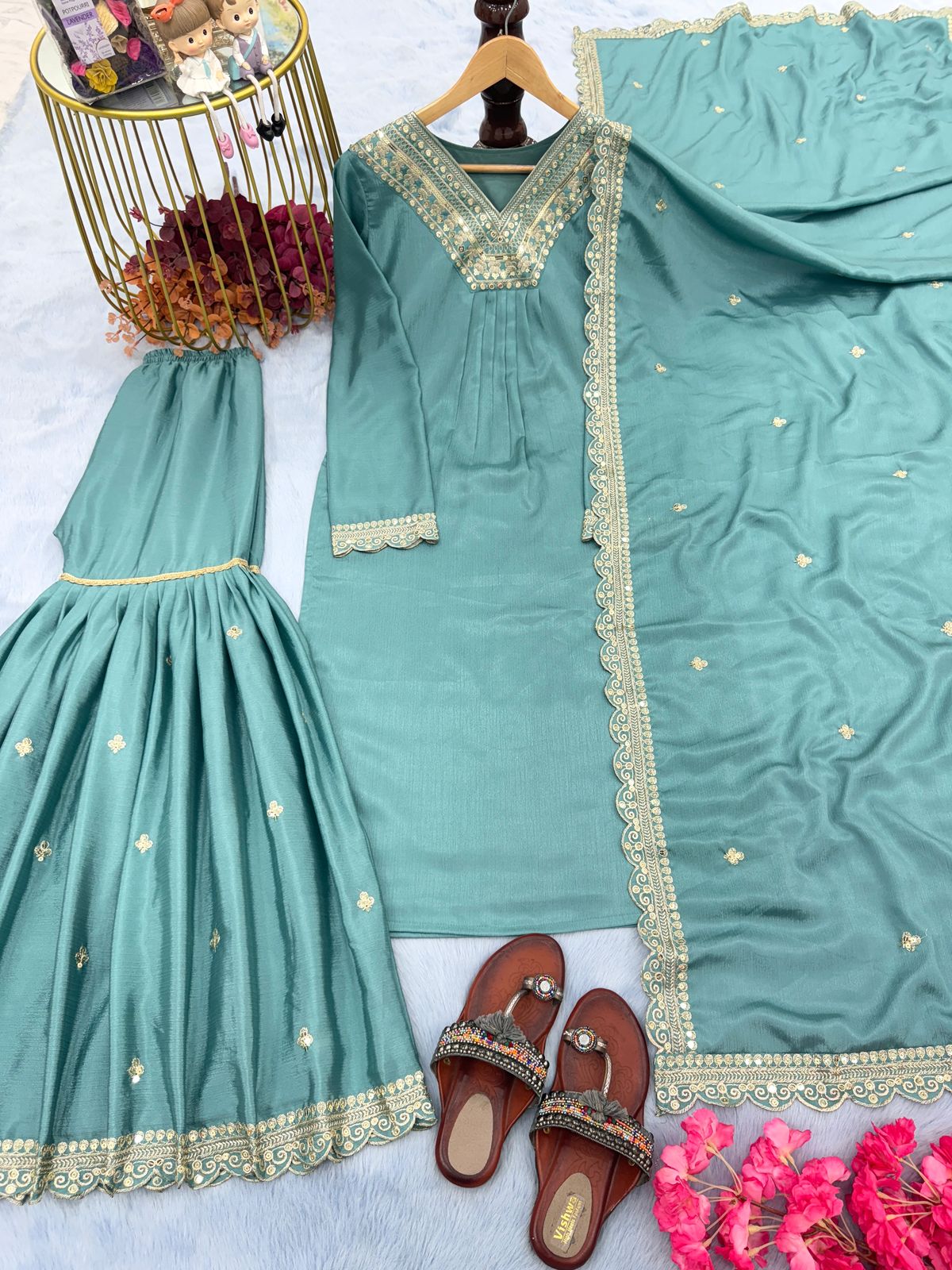 Sky Blues Color Beautiful Partywear Sharara Suit in Chinon Fabric