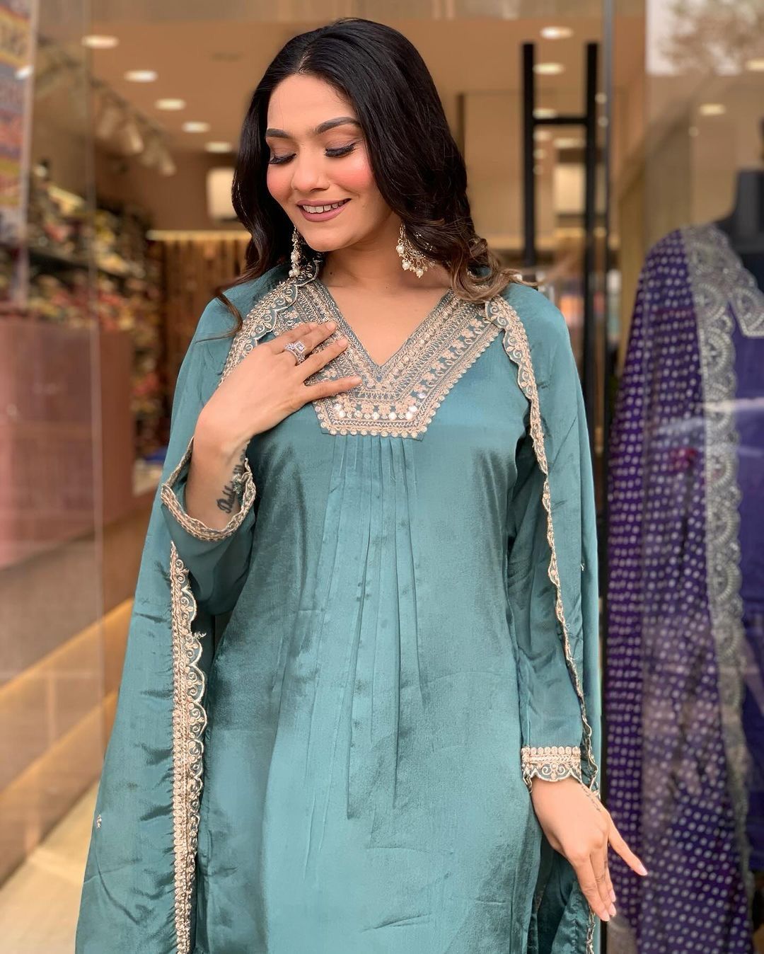 Sky Blues Color Beautiful Partywear Sharara Suit in Chinon Fabric
