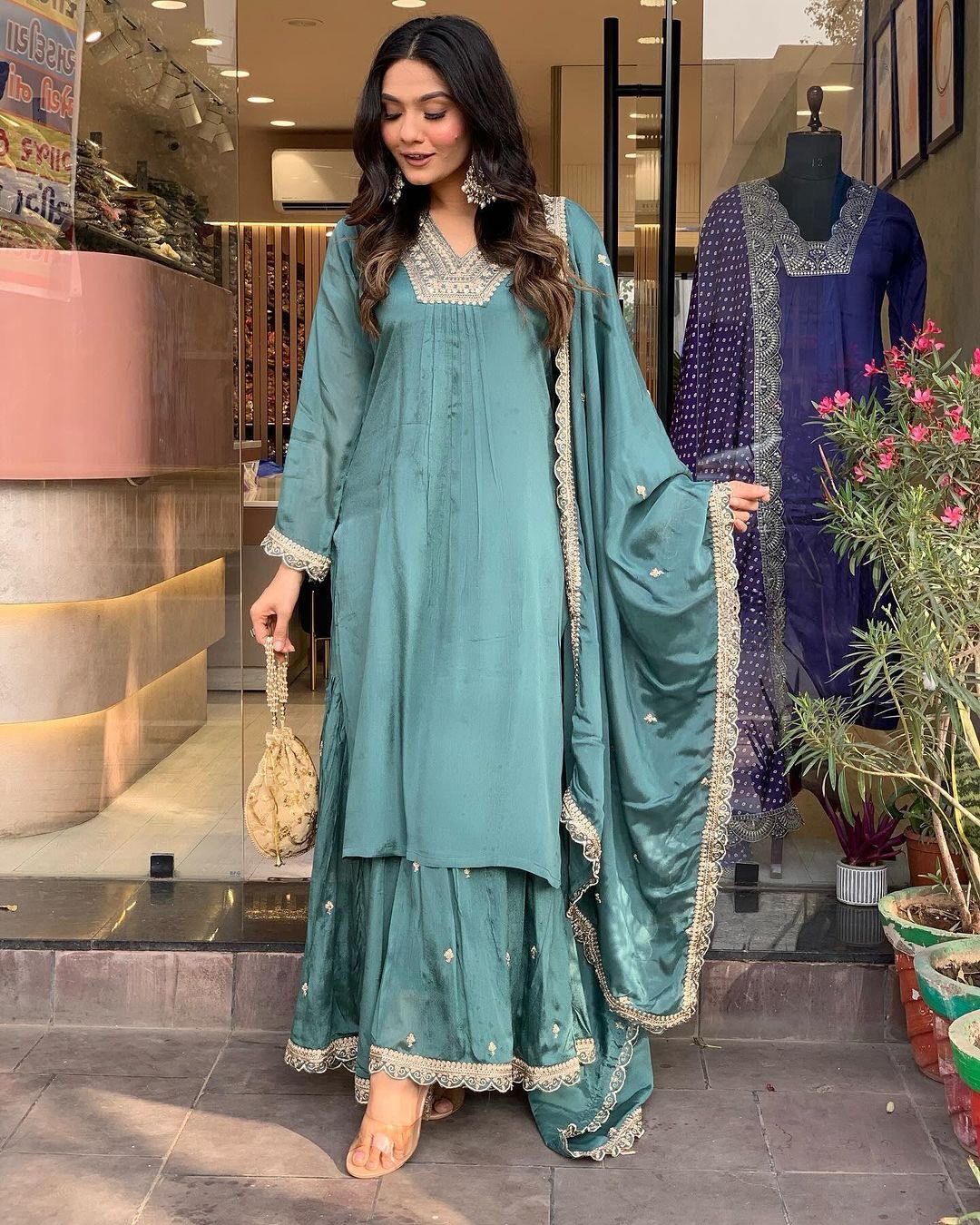 Sky Blues Color Beautiful Partywear Sharara Suit in Chinon Fabric