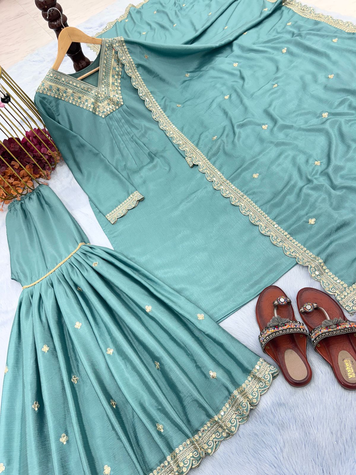Sky Blues Color Beautiful Partywear Sharara Suit in Chinon Fabric