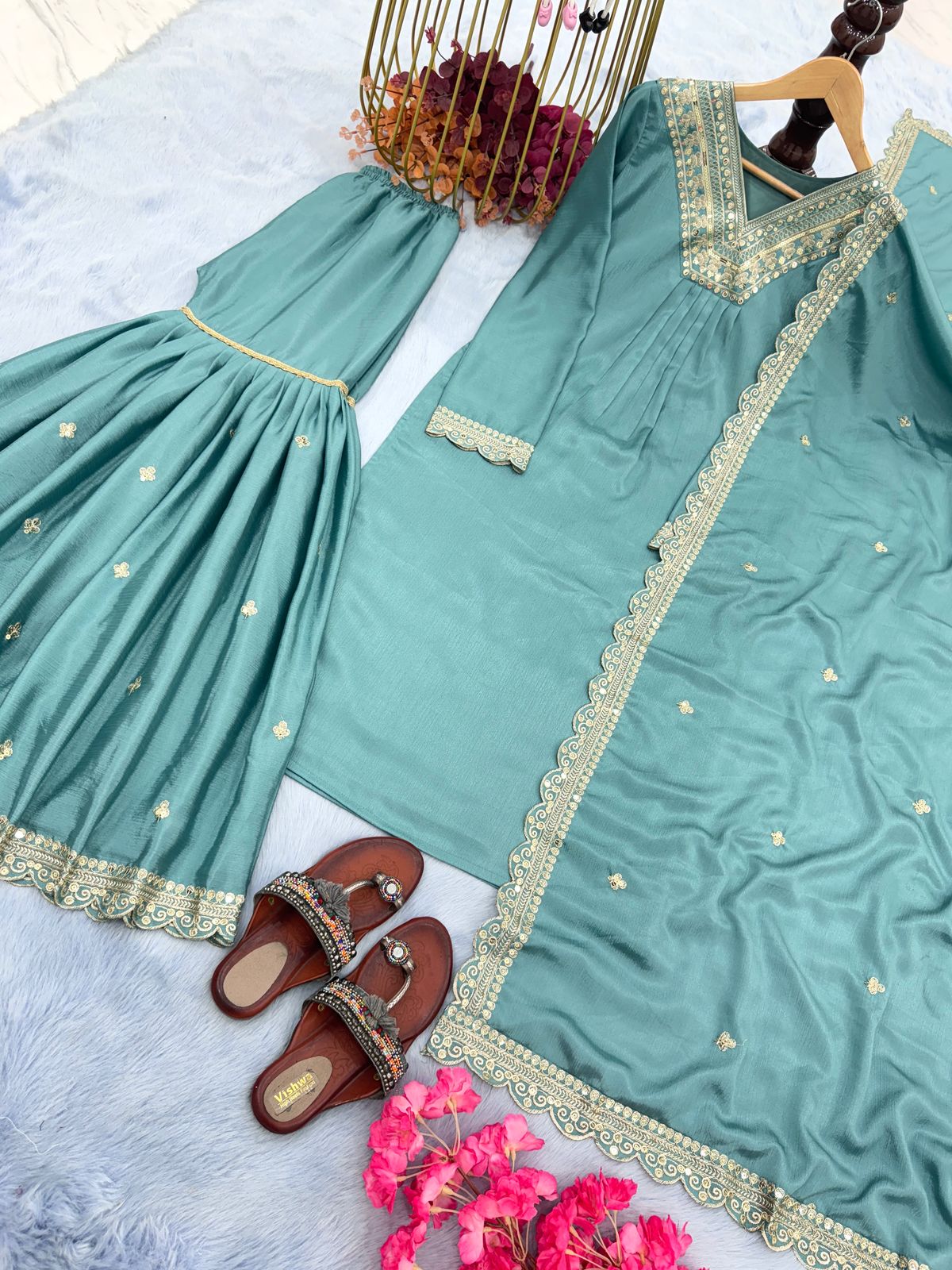 Sky Blues Color Beautiful Partywear Sharara Suit in Chinon Fabric