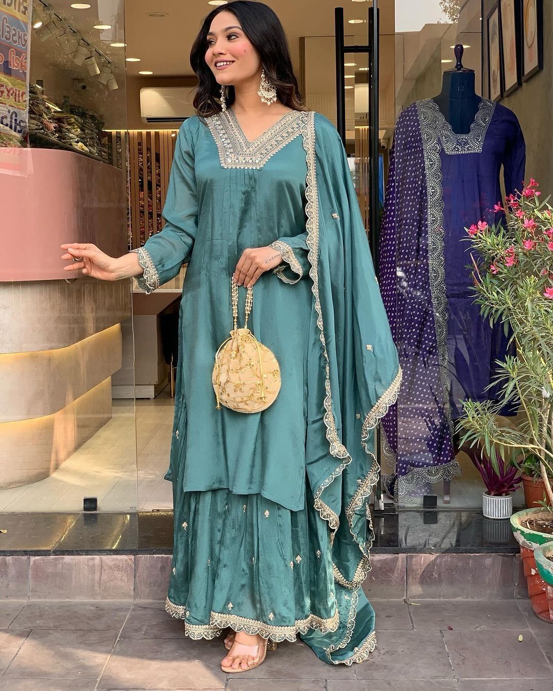 Sky Blues Color Beautiful Partywear Sharara Suit in Chinon Fabric