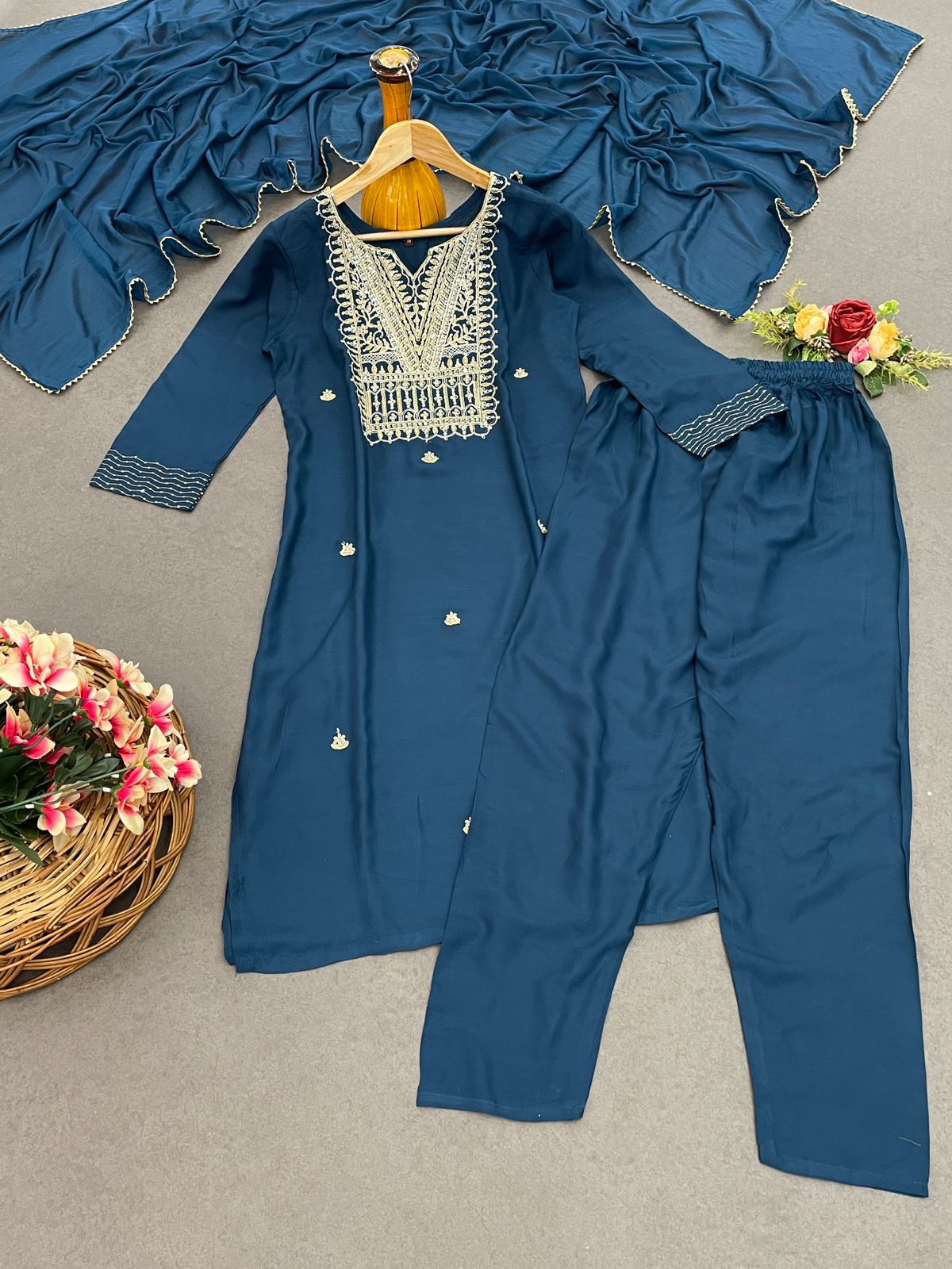 Light Blue Color Beautiful Rayon Summer Wear Kurti Pent 3 Pics Set