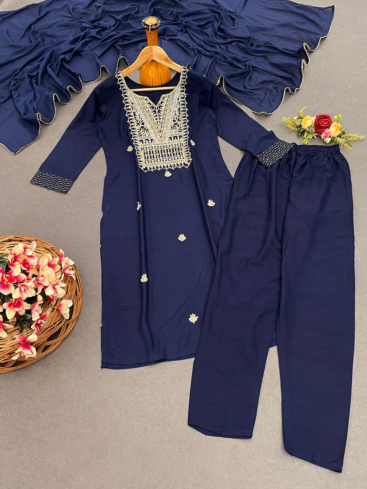 Blue Color Beautiful Rayon Summer Wear Kurti Pent 3 Pics Set