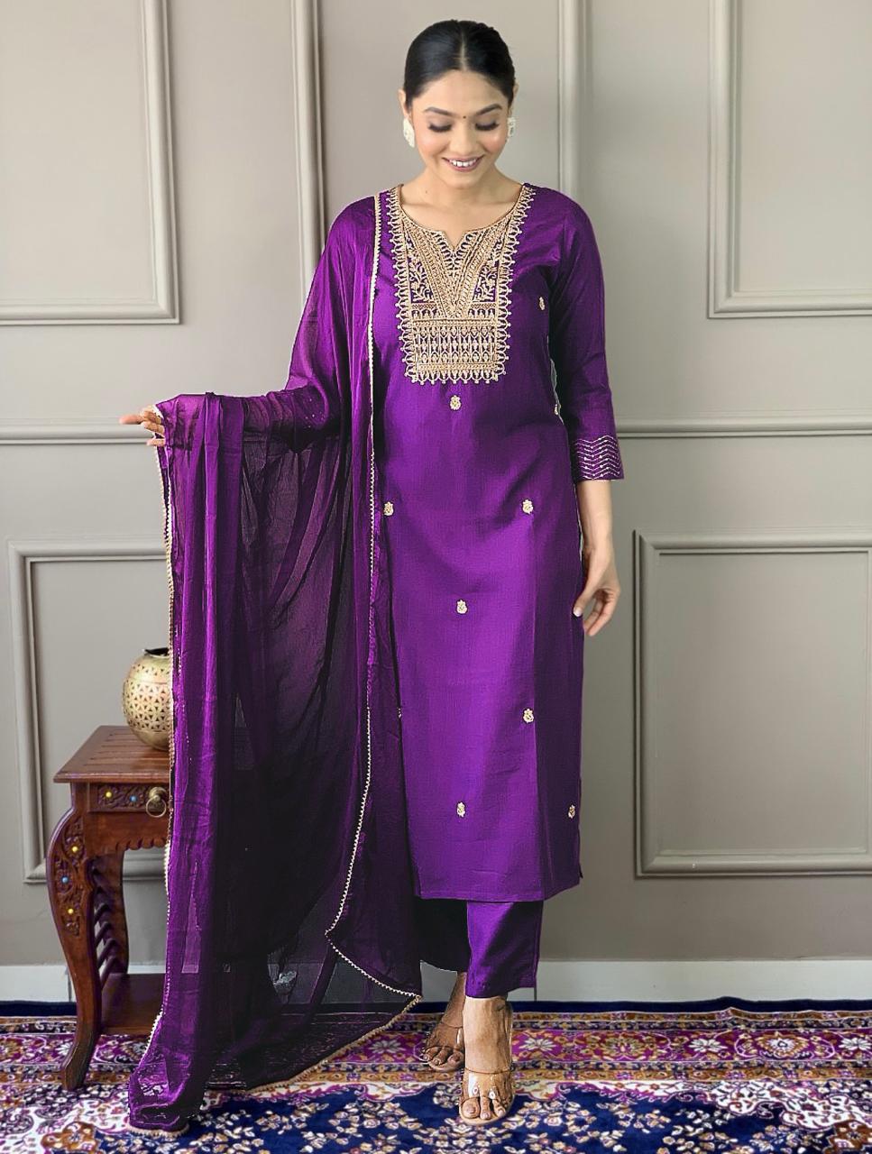 Purple Color Beautiful Rayon Summer Wear Kurti Pent 3 Pics Set