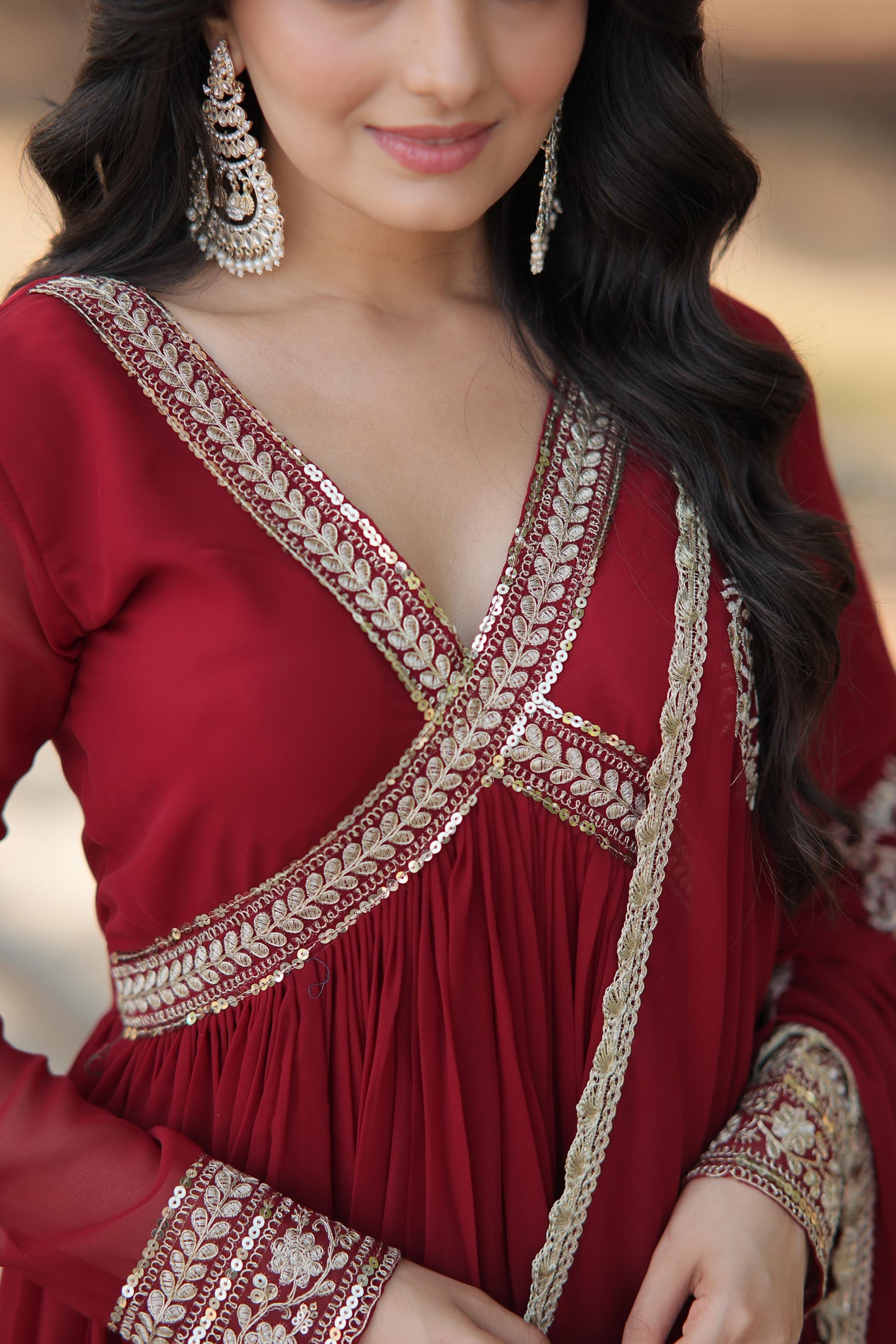 Premium Readymade Alia Cut Gown With Dupatta Set in Maroon Color