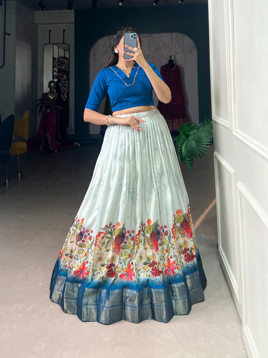 Beautiful Sky Blue Color Lehenga Choli in Cotton Silk Fabric