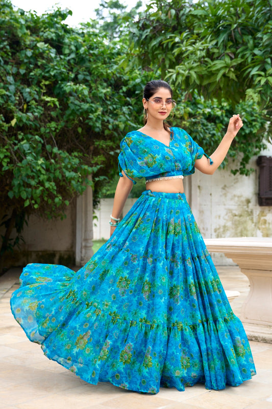 Sky Blue Color Beautiful Lehenga Choli Co-ord Set with 8+ meter flair