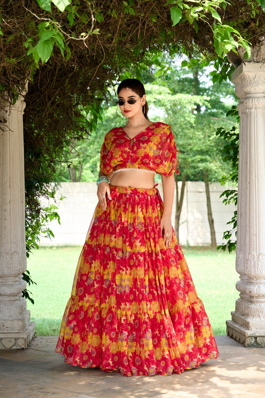 Red Yellow Color Beautiful Lehenga Choli Co-ord Set with 8+ meter flair
