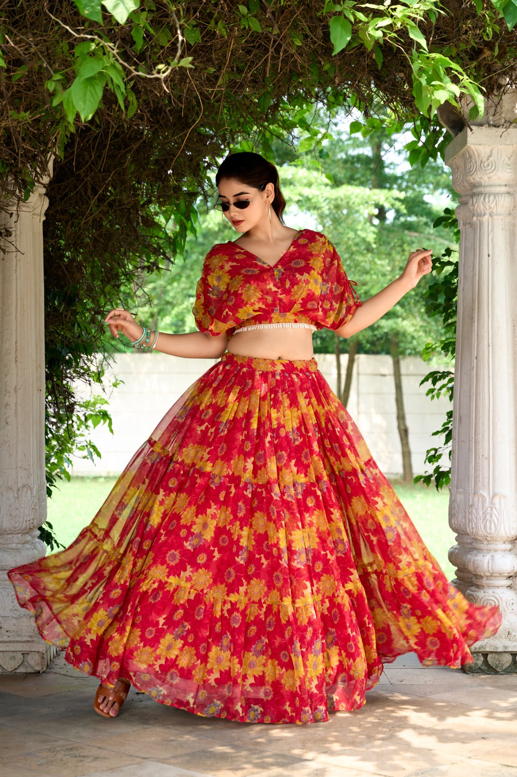 Red Yellow Color Beautiful Lehenga Choli Co-ord Set with 8+ meter flair
