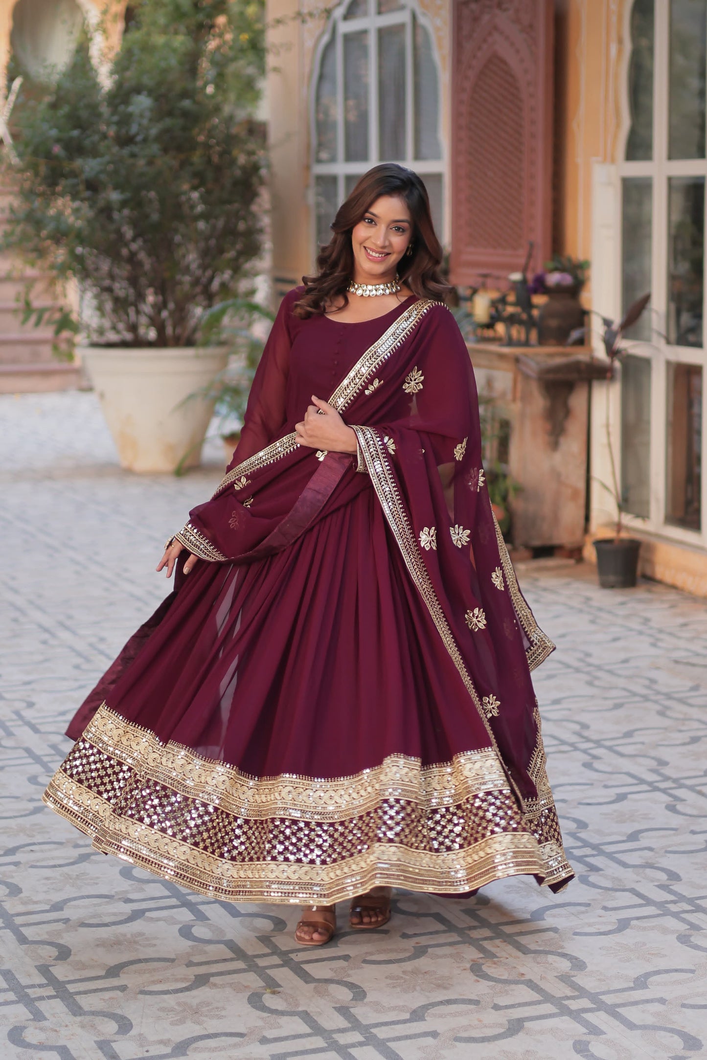 Anarkali Gown For Upcoming Festival in Georgette Fabric in maroon color