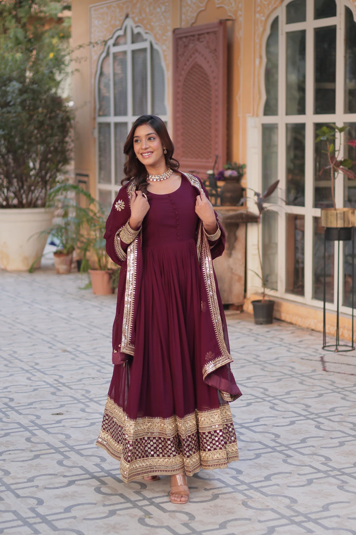 Anarkali Gown For Upcoming Festival in Georgette Fabric in maroon color