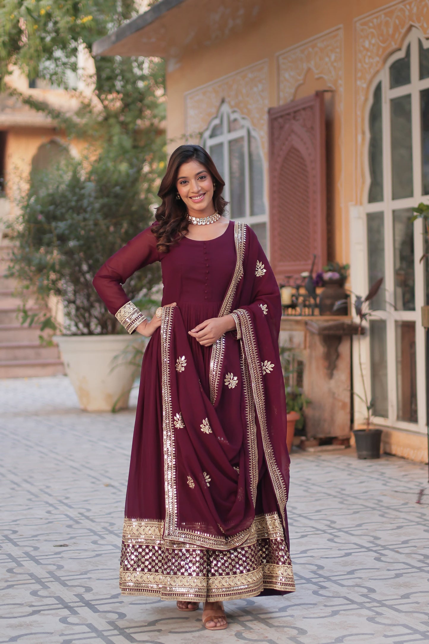 Anarkali Gown For Upcoming Festival in Georgette Fabric in maroon color