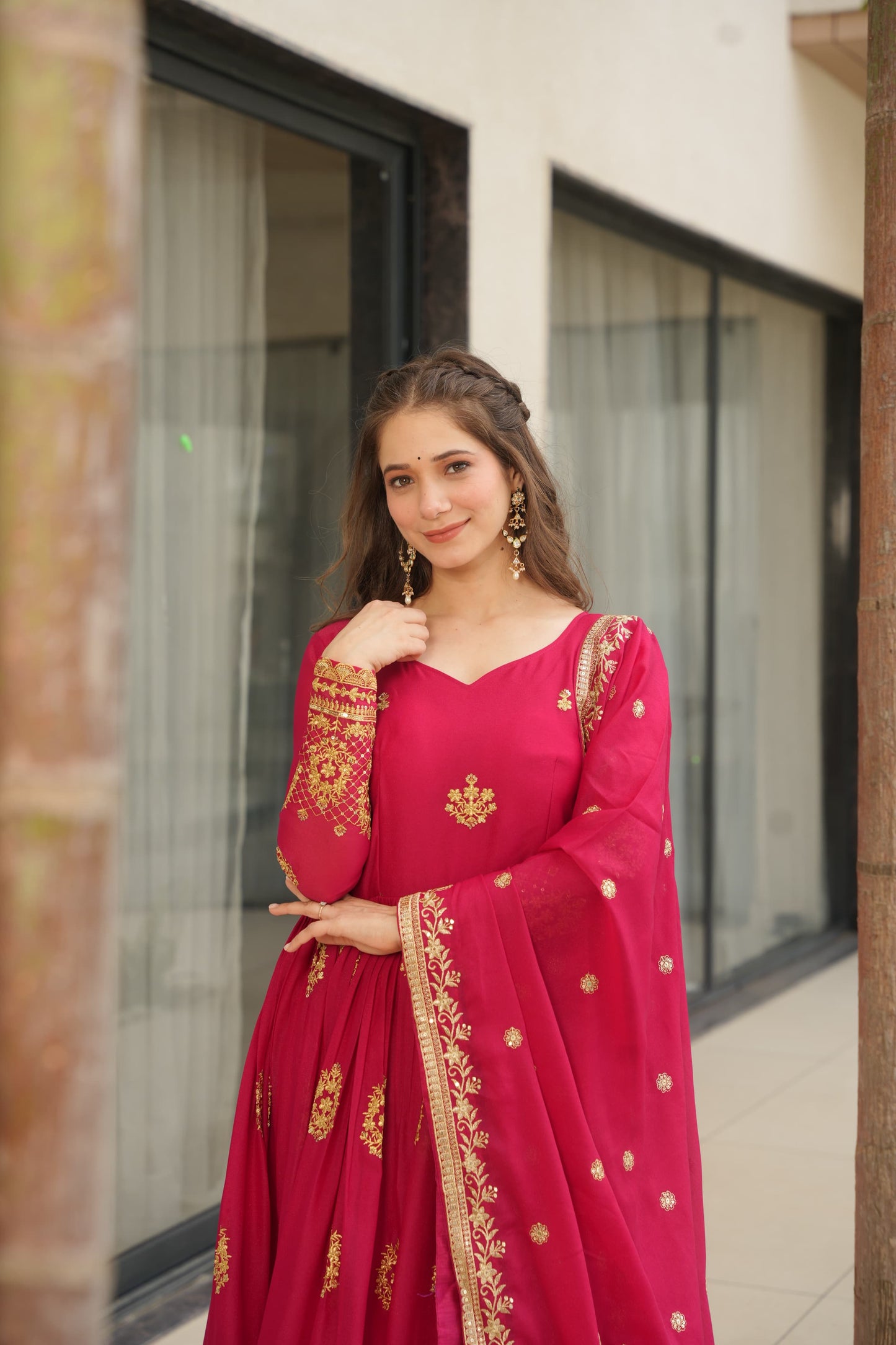 Designer Readymade Gown in Georgette Fabric in Red Color