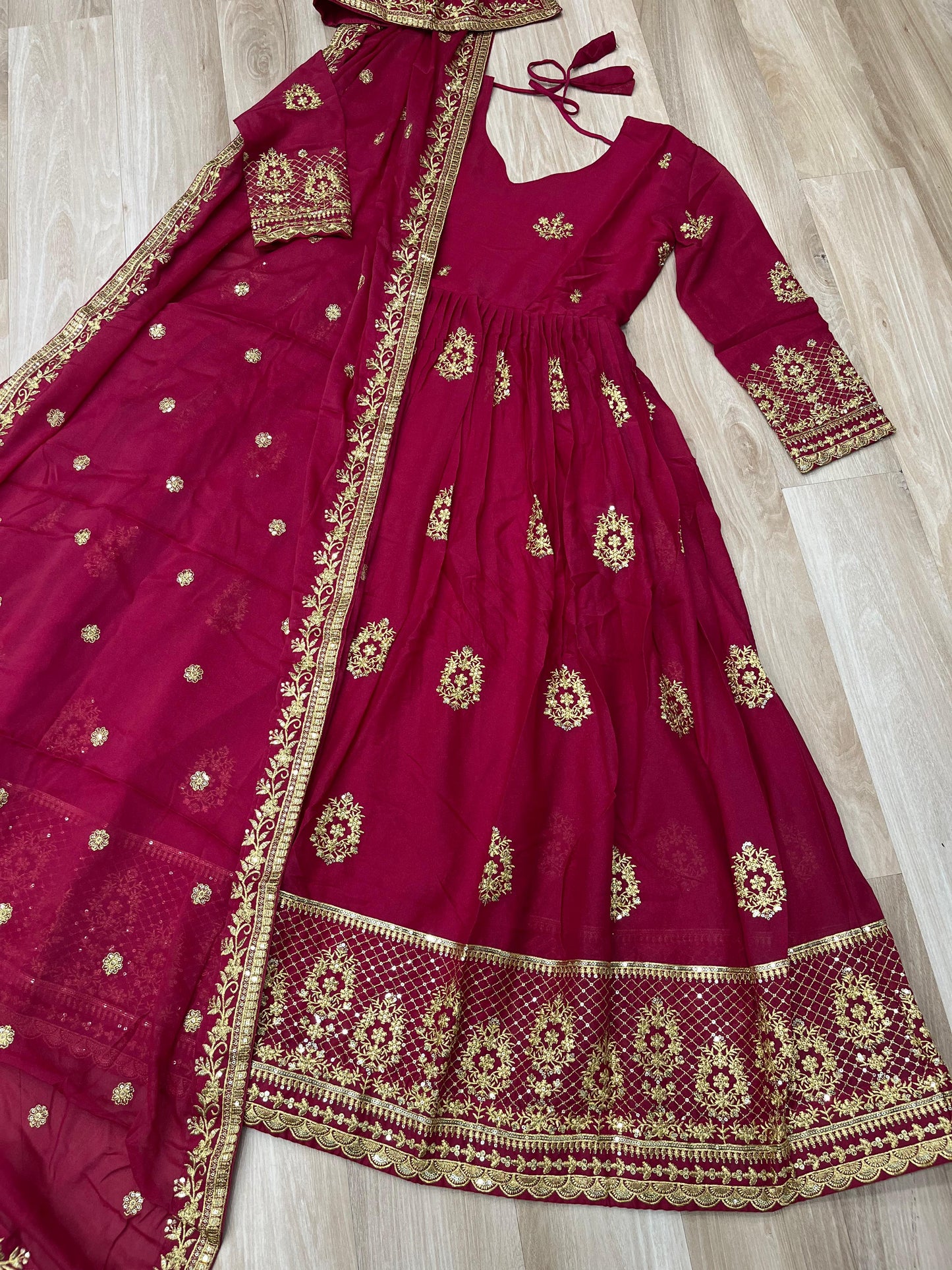 Designer Readymade Gown in Georgette Fabric in Red Color