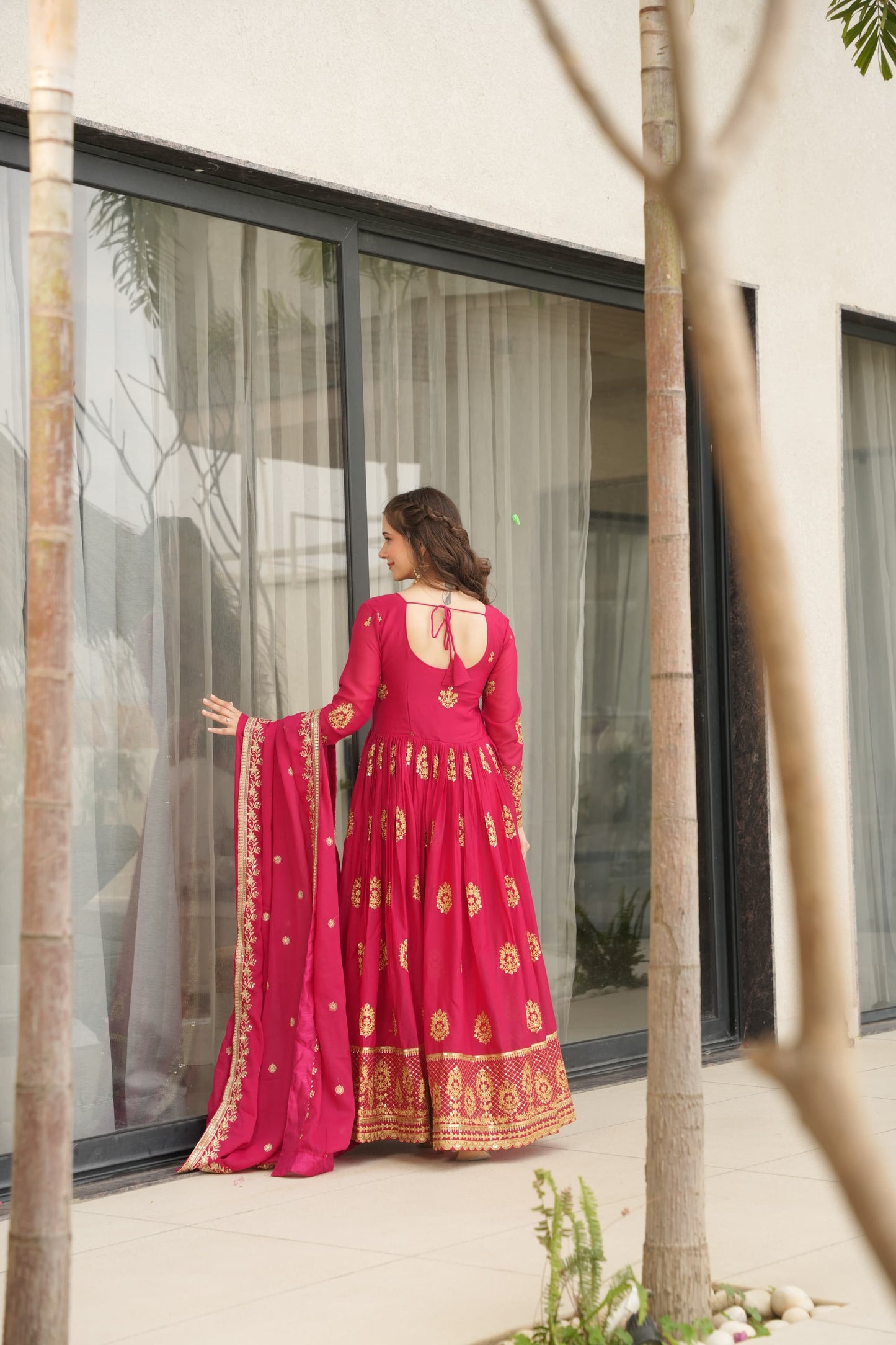 Designer Readymade Gown in Georgette Fabric in Red Color