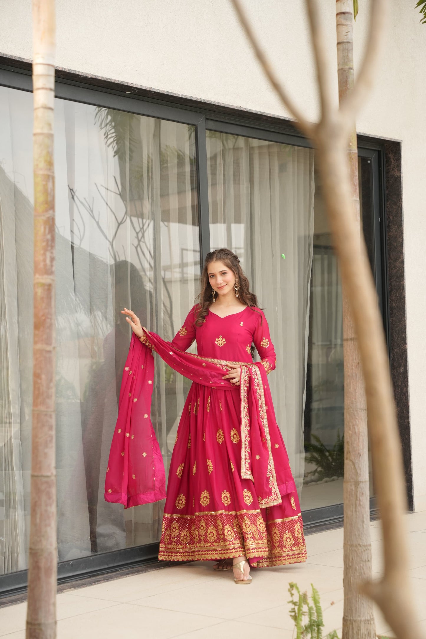 Designer Readymade Gown in Georgette Fabric in Red Color