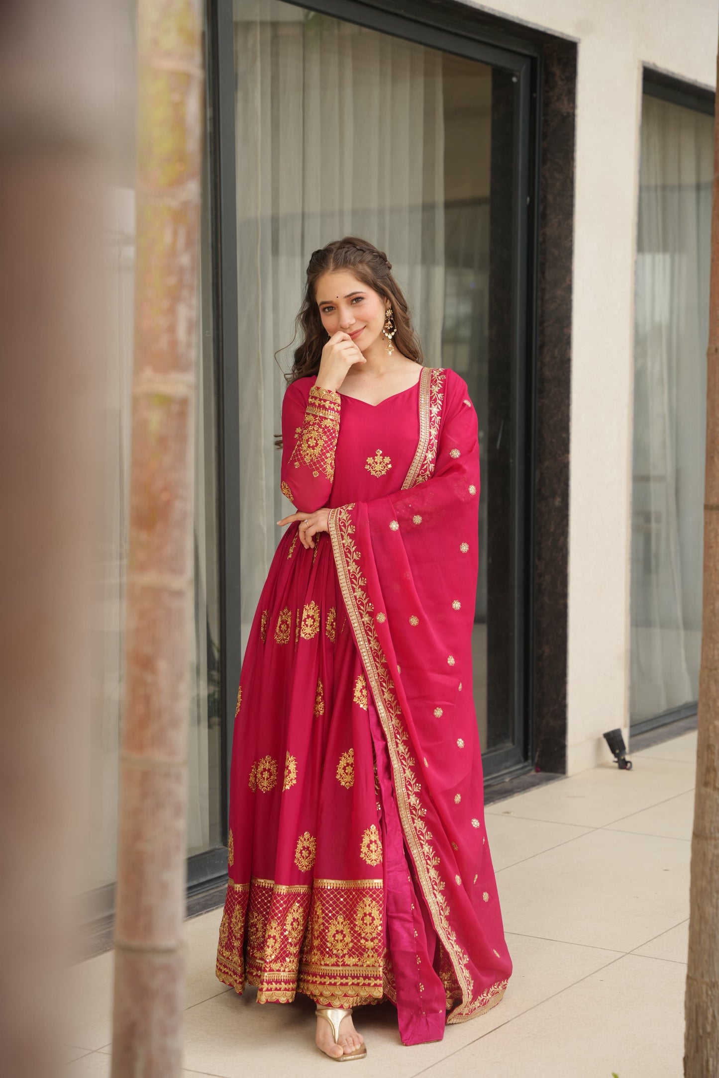 Designer Readymade Gown in Georgette Fabric in Red Color