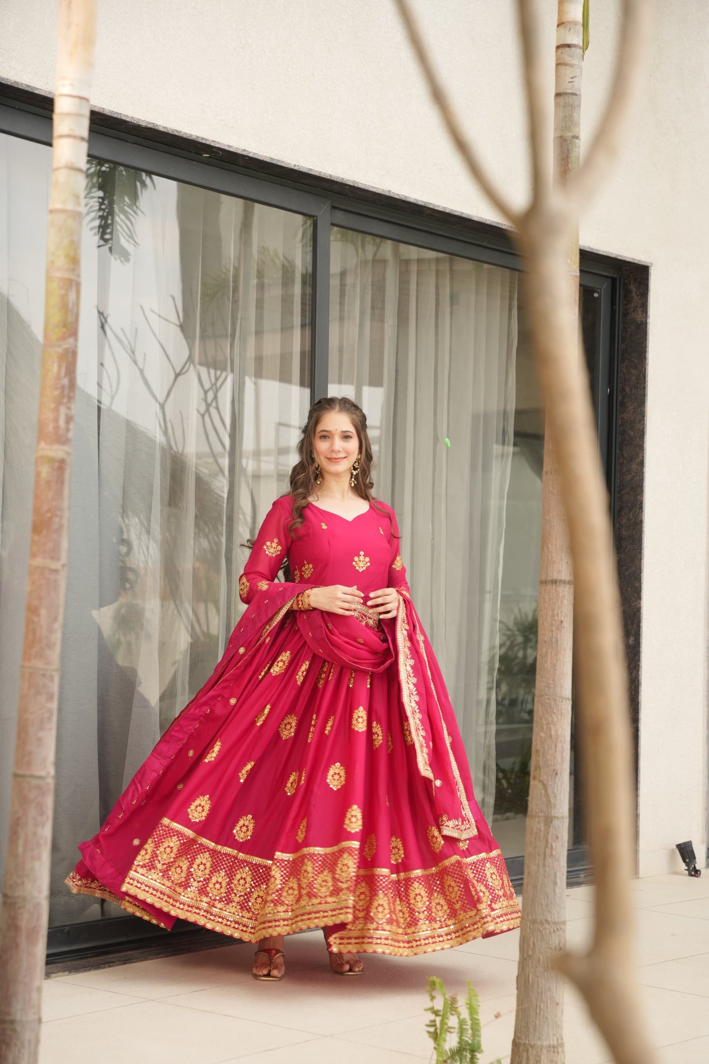 Designer Readymade Gown in Georgette Fabric in Red Color