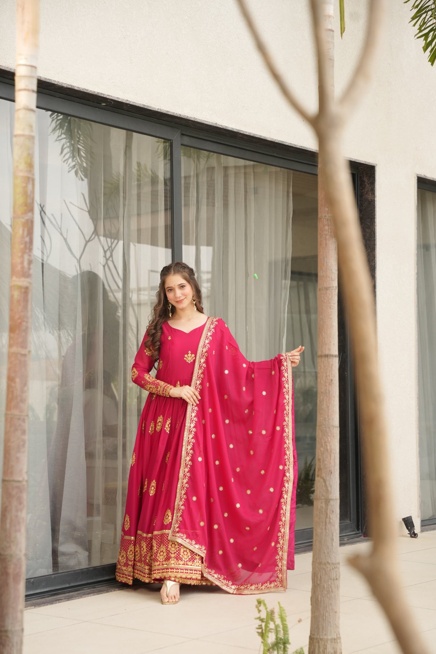 Designer Readymade Gown in Georgette Fabric in Red Color