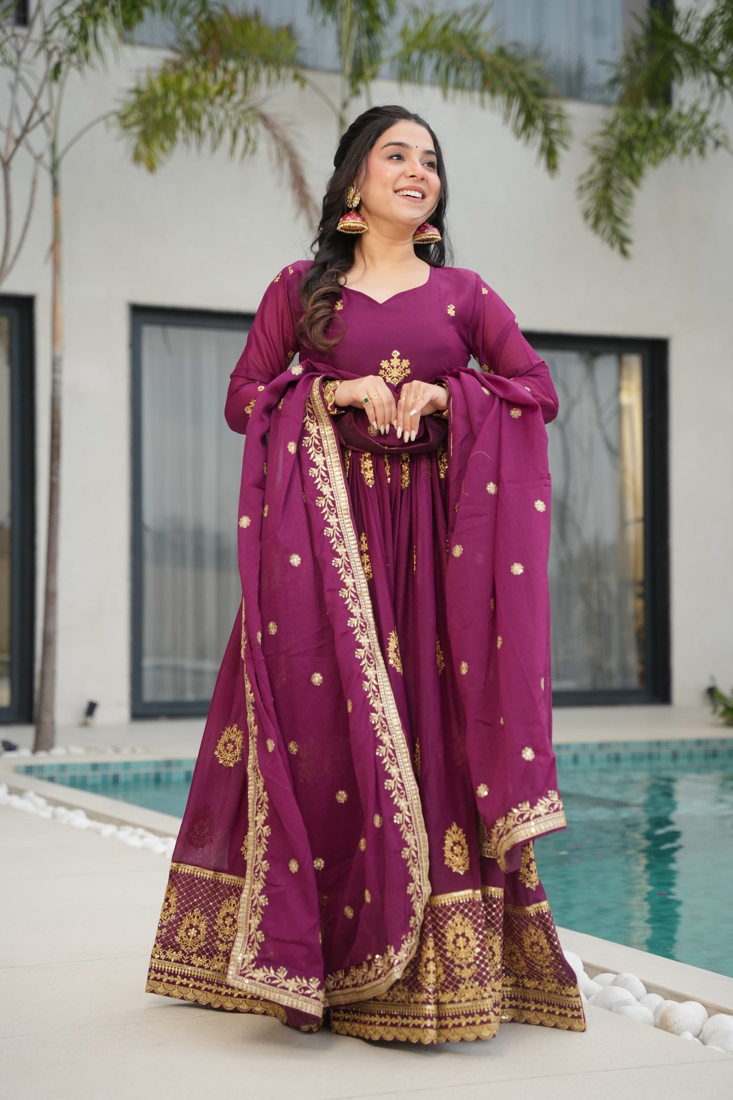 Designer Readymade Gown in Georgette Fabric in Purple Color