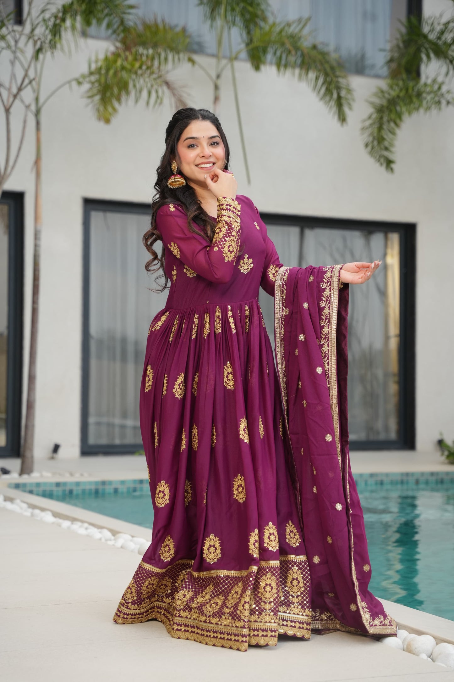 Designer Readymade Gown in Georgette Fabric in Purple Color