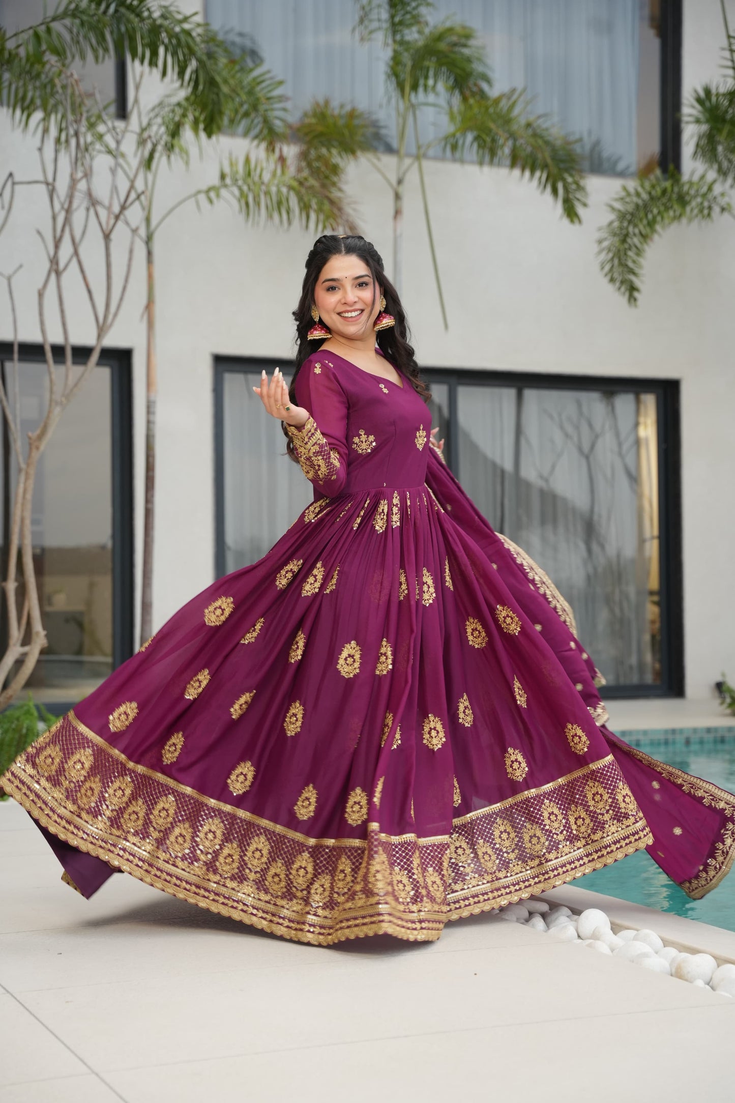 Designer Readymade Gown in Georgette Fabric in Purple Color