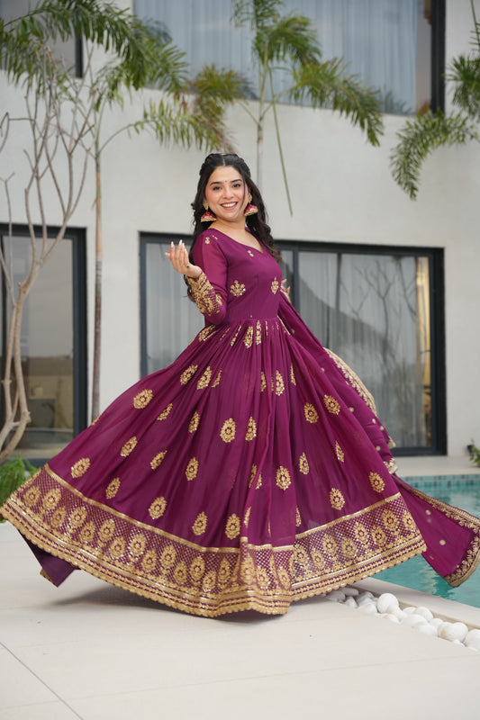 Designer Readymade Gown in Georgette Fabric in Purple Color